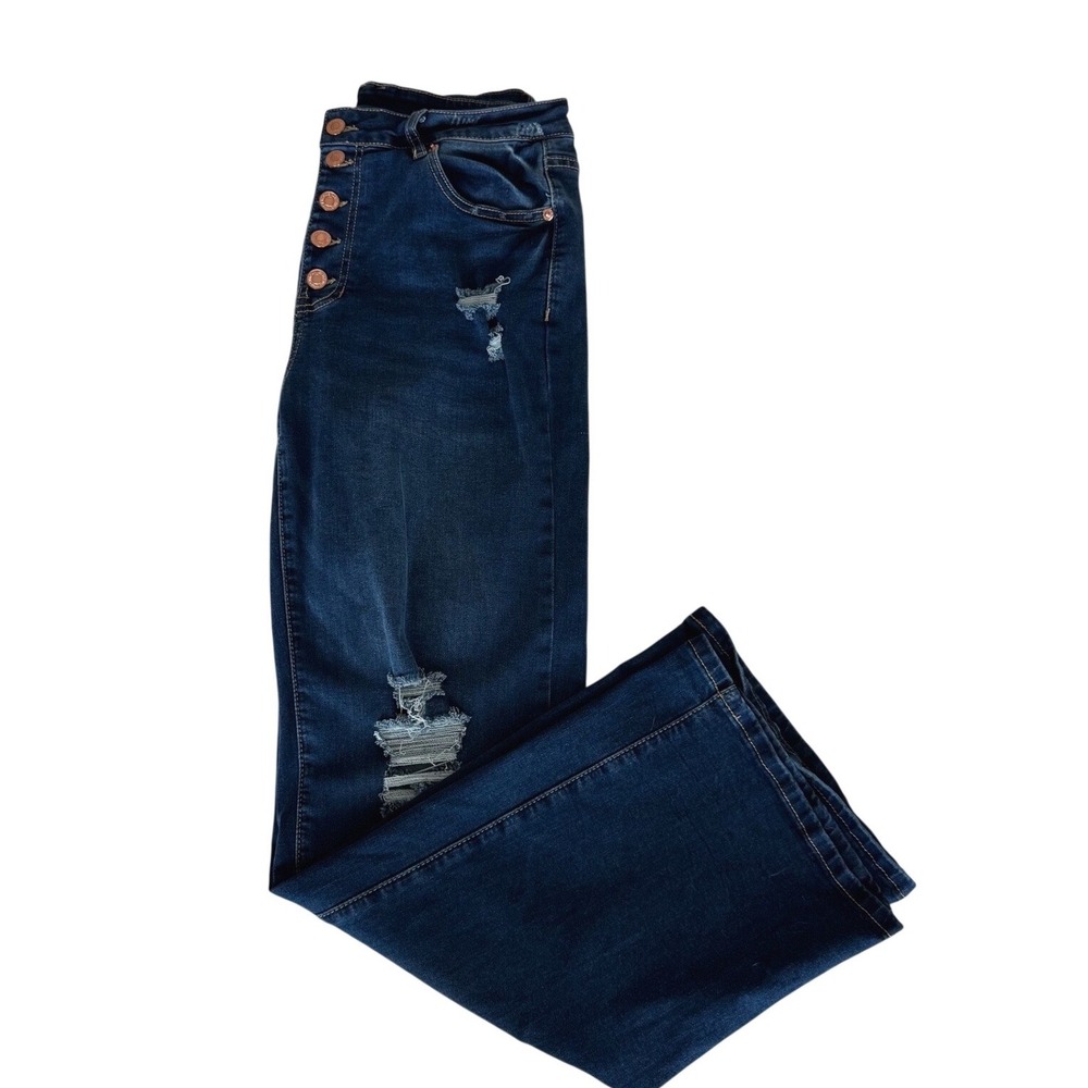 Distressed High‎ Rise Button Fly Flare Jeans Dark Wash waist 30 in Size L